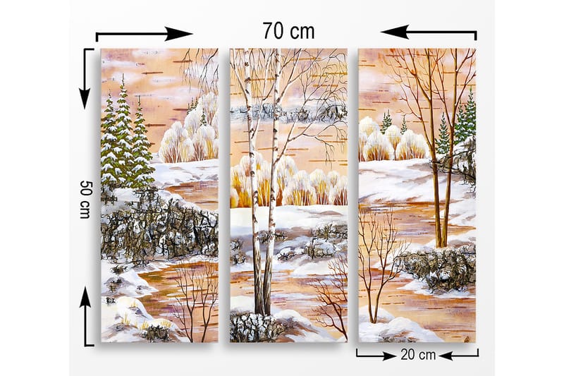 Canvastavla i trä 3-delar 50x70 cm - Vinterlandskap med snötäckta träd och en spegelblanka sjö - Vit / Grön / Orange - Inredning - Tavlor & posters - Canvastavla