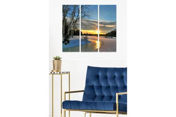 Canvastavla i trä 3-delar 50x70 cm - Vinterlandskap med solnedgång över en frusen flod - Blå / Vit / Guld - Inredning - Tavlor & posters - Canvastavla