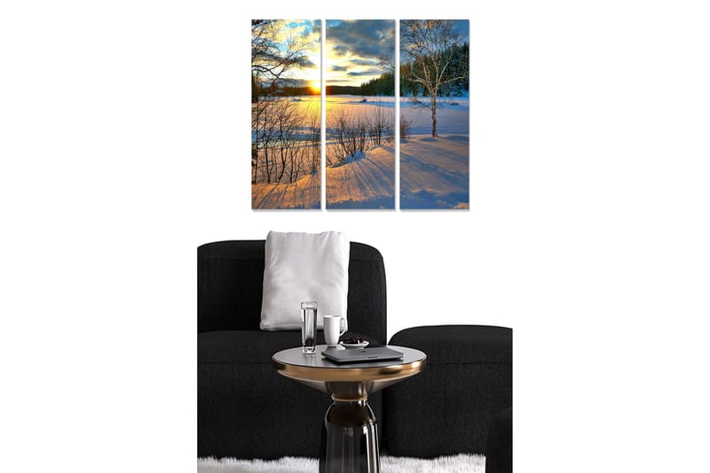 Canvastavla i trä 3-delar 50x70 cm - Vinterlandskap med solnedgång över snöklädda fält, Blå / Vit / Orange