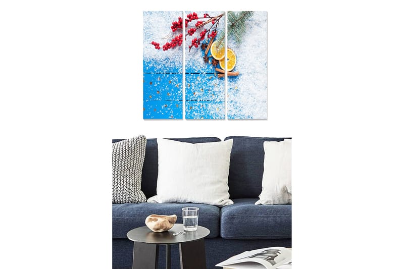 Canvastavla i trä 3-delar 50x70 cm - Vintrig stillhet med bär, apelsinskivor och kanelstänger, Blå / Röd / Vit