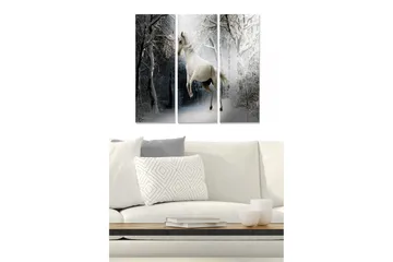 Canvastavla i trä 3-delar 50x70 cm - Vit enhörning i en snöig skogsmiljö - Vit / Svart / Grå - Inredning - Tavlor & posters - Canvastavla