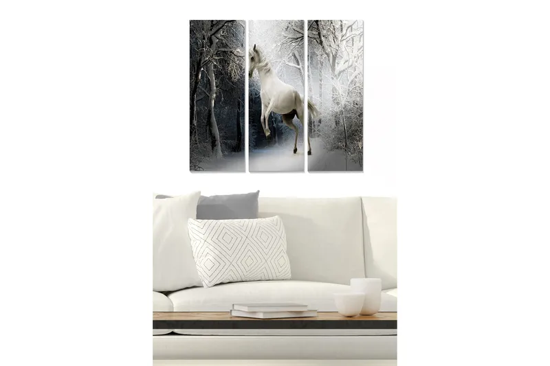 Canvastavla i trä 3-delar 50x70 cm - Vit enhörning i en snöig skogsmiljö, Vit / Svart / Grå