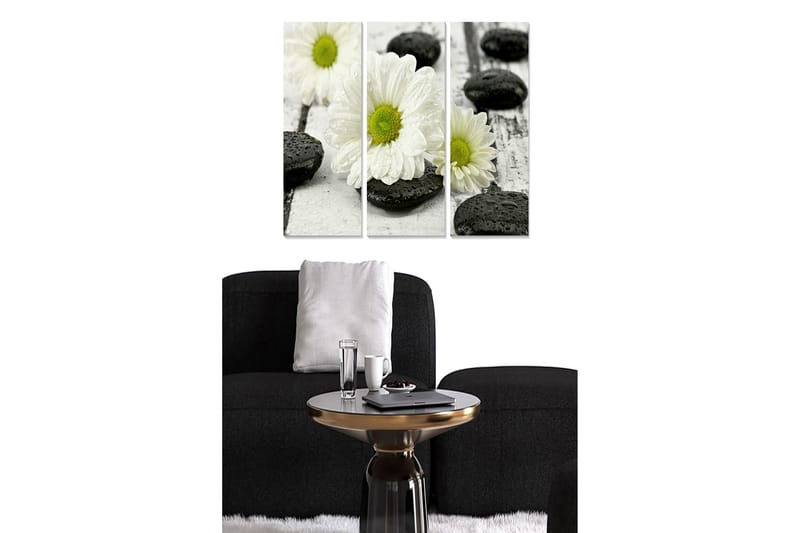 Canvastavla i trä 3-delar 50x70 cm - Vita blommor med svarta stenar på en träyta, Vitt / Svart / Grönt