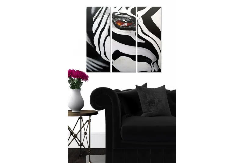 Canvastavla i trä 3-delar 50x70 cm - Zebra med framträdande öga, Svart / Vit / Brun