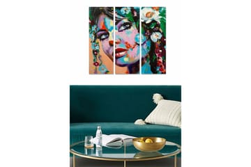 Canvastavla i trä 3-delar 50x70 cm - Porträtt av en kvinna med blommor i håret - Grön / Röd / Blå - Inredning - Tavlor & posters - Canvastavla