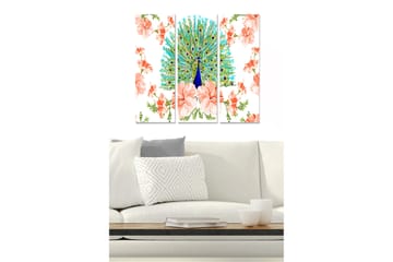 Canvastavla i trä 3-delar 50x70 cm - Praktfull påfågel omgiven av blommor - Turkos / Rosa / Grön - Inredning - Tavlor & posters - Canvastavla