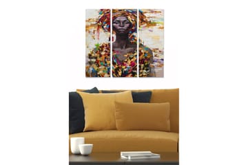 Canvastavla i trä 3-delar 50x70 cm - Porträtt av en kvinna med färgglad huvudbonad och kläder - Mörkbrun / Guld / Röd - Inredning - Tavlor & posters - Canvastavla