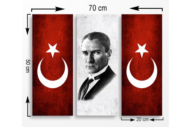 Canvastavla i trä 3-delar 50x70 cm - Porträtt av en man omgiven av symboler för Turkiet - Röd / Vit - Inredning - Tavlor & posters - Canvastavla