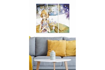 Canvastavla i trä 3-delar 50x70 cm - Porträtt av en kvinna med blommor i händerna och svävande cirklar omkring sig - Ljusblå / Beige / Lila - Inredning - Tavlor & posters - Canvastavla