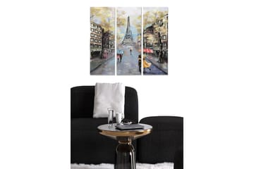 Canvastavla i trä 3-delar 50x70 cm - Parisisk gata med Eiffeltornet i bakgrunden och människor med paraplyer - Gult / Grått / Rött - Inredning - Tavlor & posters - Canvastavla