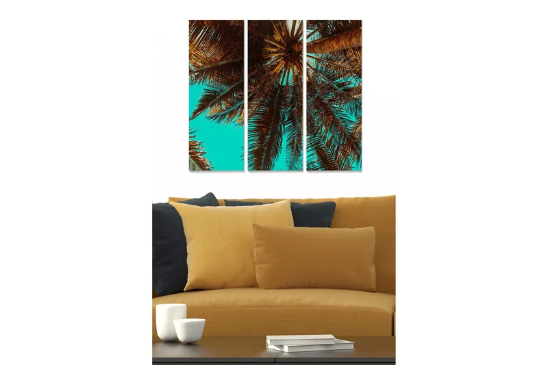 Canvastavla i trä 3-delar 50x70 cm - Palmblad under en klar himmel - Turkos / Brun - Inredning - Tavlor & posters - Canvastavla