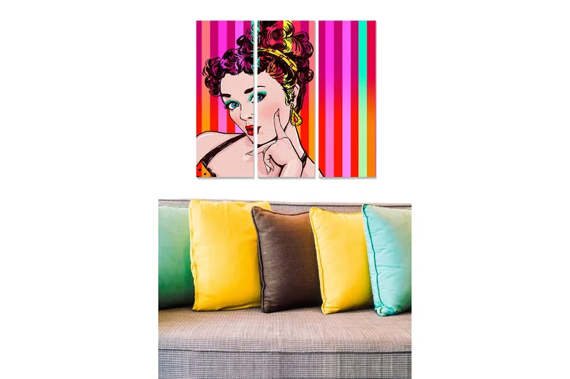 Canvastavla i trä 3-delar 50x70 cm - Popkonstnärlig porträtt av en kvinna med färgglad bakgrund, Rosa / Orange / Turkos