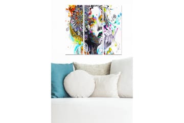 Canvastavla i trä 3-delar 50x70 cm - Porträtt av en kvinna med färgglada mönster och blommor i håret - Grå / Gul / Röd - Inredning - Tavlor & posters - Canvastavla