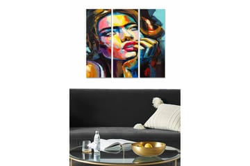 Canvastavla i trä 3-delar 50x70 cm - Porträtt av en kvinna med uttrycksfulla drag och starka färger - Röd / Blå / Gul - Inredning - Tavlor & posters - Canvastavla