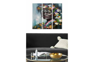 Canvastavla i trä 3-delar 50x70 cm - Porträtt av en kvinna med blommor i håret - Mörkgrön / Vit / Rosa - Inredning - Tavlor & posters - Canvastavla