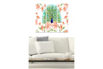 Canvastavla i trä 3-delar 50x70 cm - Praktfull påfågel omgiven av blommor - Turkos / Rosa / Grön - Inredning - Tavlor & posters - Canvastavla