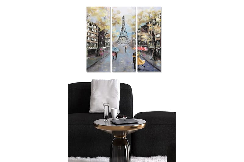Canvastavla i trä 3-delar 50x70 cm - Parisisk gata med Eiffeltornet i bakgrunden och människor med paraplyer, Gult / Grått / Rött