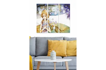 Canvastavla i trä 3-delar 50x70 cm - Porträtt av en kvinna med blommor i händerna och svävande cirklar omkring sig - Ljusblå / Beige / Lila - Inredning - Tavlor & posters - Canvastavla