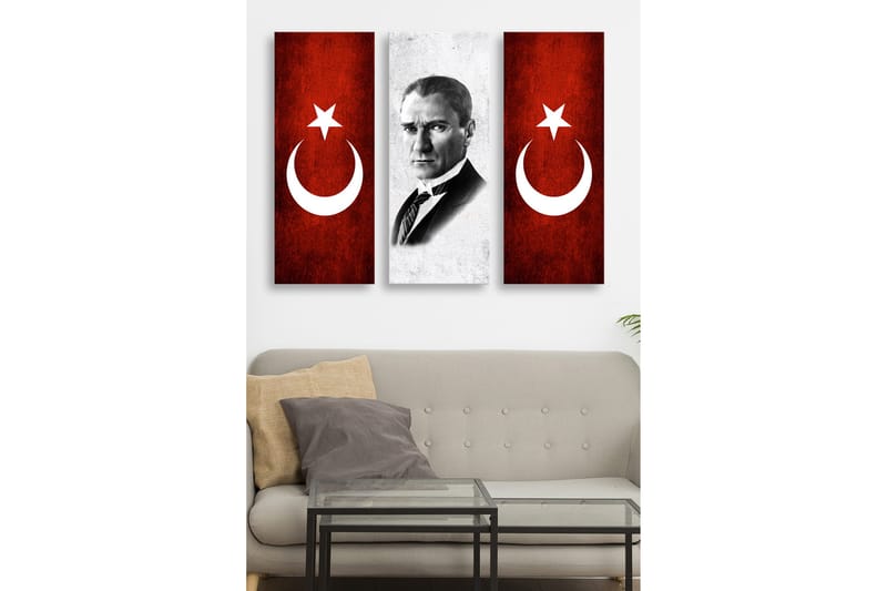 Canvastavla i trä 3-delar 50x70 cm - Porträtt av en man omgiven av symboler för Turkiet, Röd / Vit