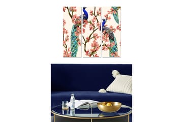Canvastavla i trä 3-delar 50x70 cm - Praktfull påfågel bland blommor - Blå / Rosa / Grön - Inredning - Tavlor & posters - Canvastavla
