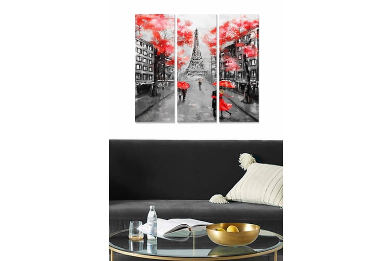 Canvastavla i trä 3-delar 50x70 cm - Parisisk gatumotiv med Eiffeltornet och paraplyer i regnet, Röd / Svart / Grå