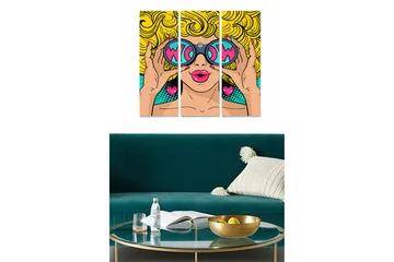 Canvastavla i trä 3-delar 50x70 cm - Popkonstnär med stora glasögon och blont hår - Gul / Rosa / Turkos - Inredning - Tavlor & posters - Canvastavla