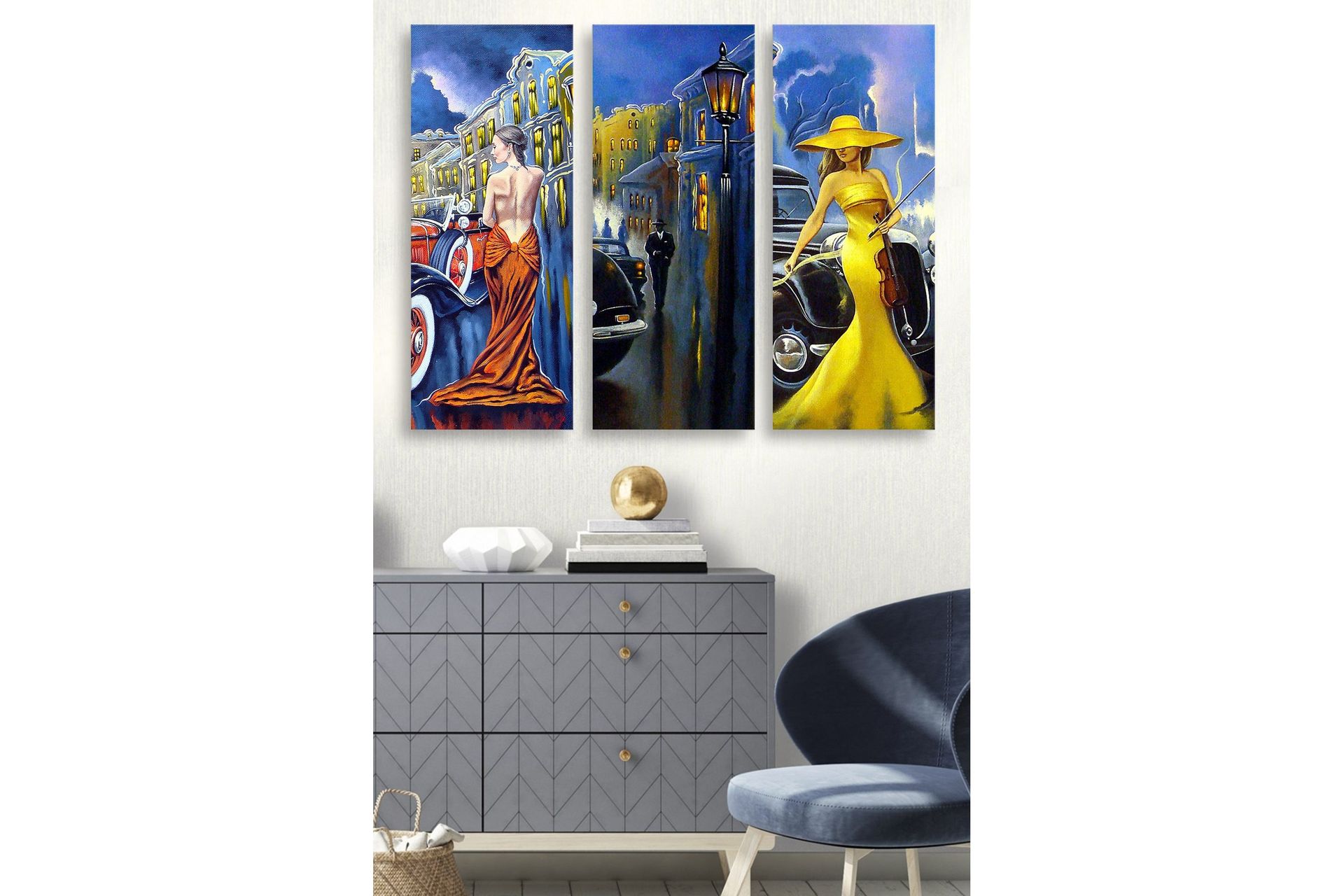 Canvastavla i trä 3-delar 50x70 cm - Eleganta kvinnor i färgglada klänningar framför klassiska bilar - Gult / Orange / Blått