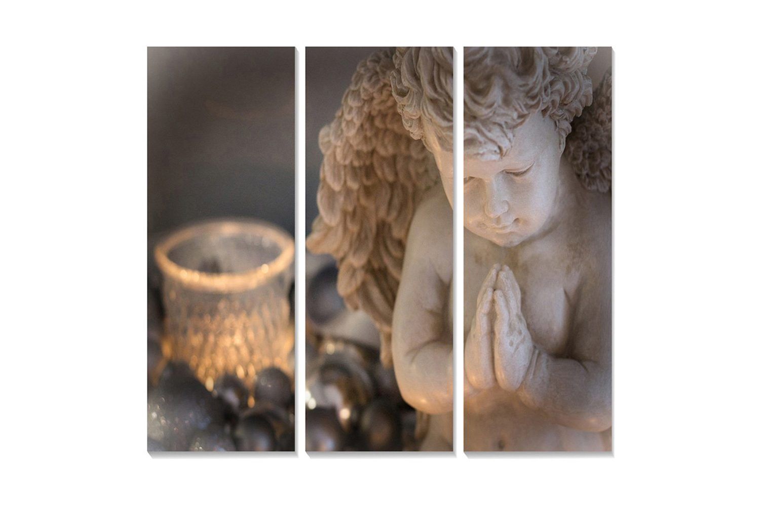 Canvastavla i trä 3-delar 50x70 cm - Stående ängel med hopknäppta händer i bön - Beige / Grå / Silver