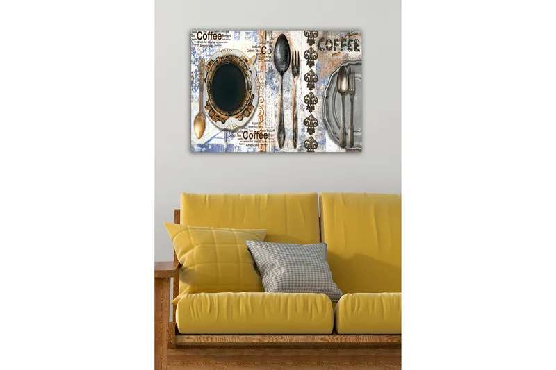 Canvastavla - Kaffe och bestick på en dekorerad tallrik - Svart / Guld / Grå - Inredning - Tavlor & posters - Canvastavla