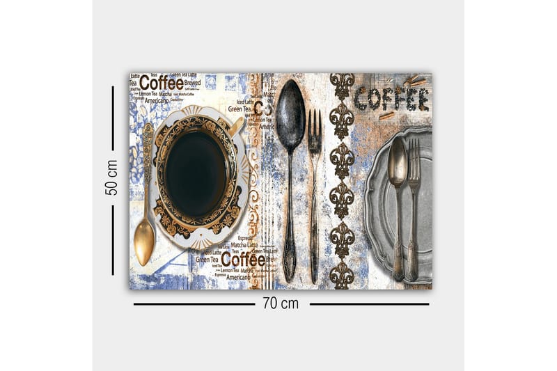Canvastavla - Kaffe och bestick på en dekorerad tallrik - Svart / Guld / Grå - Inredning - Tavlor & posters - Canvastavla