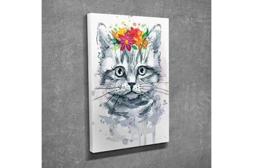 Canvastavla - Katt med blommor på huvudet - Grå / Rosa / Grön - Inredning - Tavlor & posters - Canvastavla