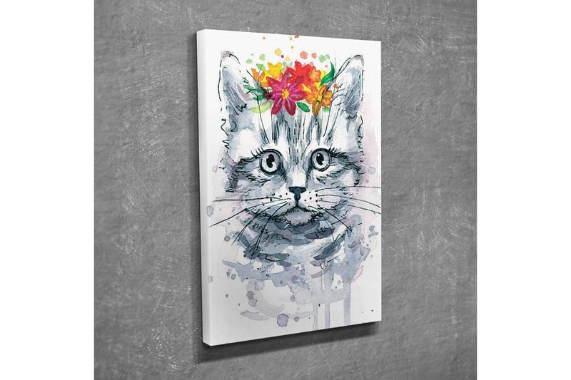 Canvastavla - Katt med blommor på huvudet - Grå / Rosa / Grön - Inredning - Tavlor & posters - Canvastavla
