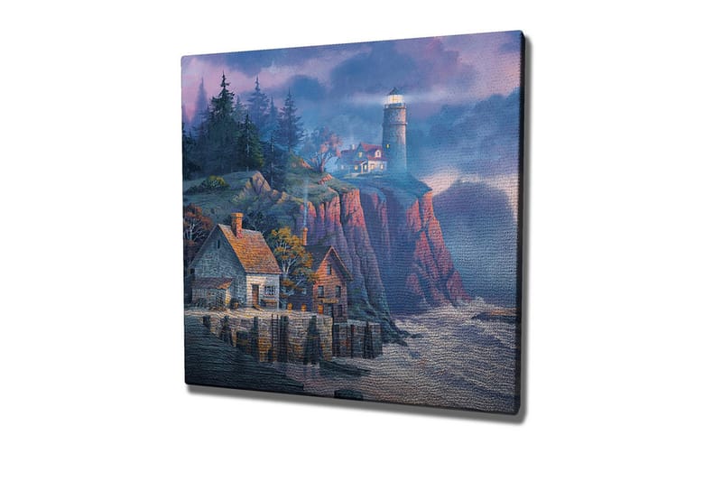 Canvastavla - Klippig kust med fyr och pittoreska hus - Mörkblå / Grå / Röd - Inredning - Tavlor & posters - Canvastavla