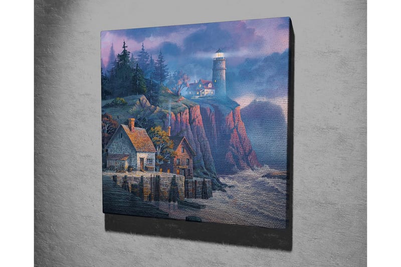 Canvastavla - Klippig kust med fyr och pittoreska hus - Mörkblå / Grå / Röd - Inredning - Tavlor & posters - Canvastavla