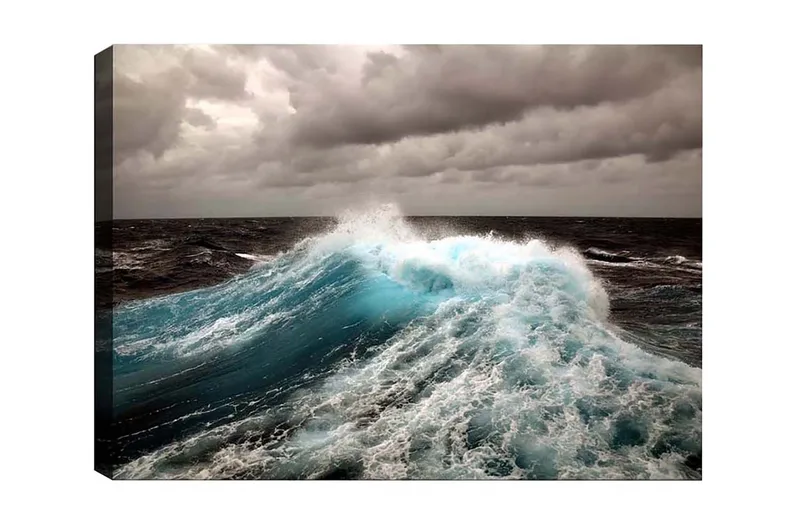 Canvastavla - Kraftfull våg som bryter mot ytan, Turkos / Mörkblå / Grå