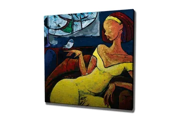 Canvastavla - Kvinna i gul klänning som sitter med en fågel på handen - Gul / Blå / Röd - Inredning - Tavlor & posters - Canvastavla