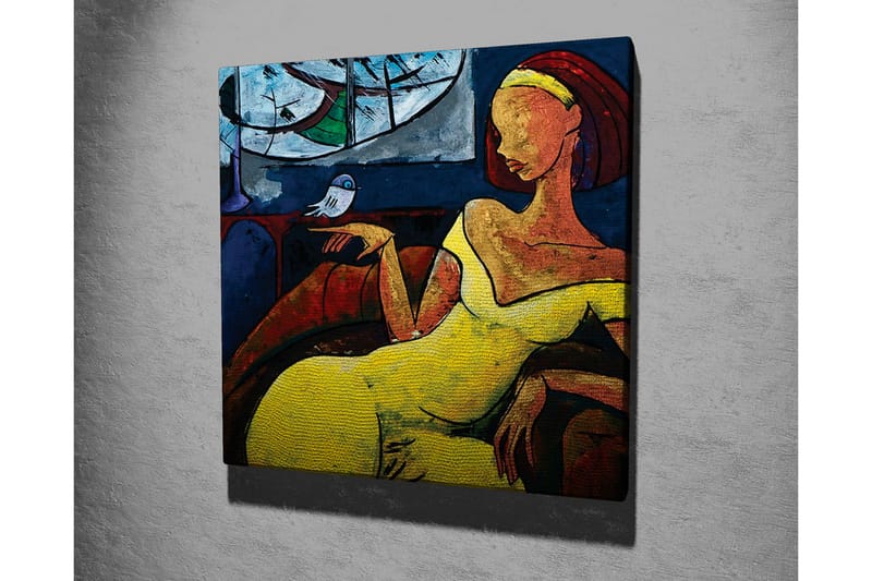 Canvastavla - Kvinna i gul klänning som sitter med en fågel på handen - Gul / Blå / Röd - Inredning - Tavlor & posters - Canvastavla