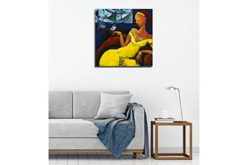 Canvastavla - Kvinna i gul klänning som sitter med en fågel på handen - Gul / Blå / Röd - Inredning - Tavlor & posters - Canvastavla