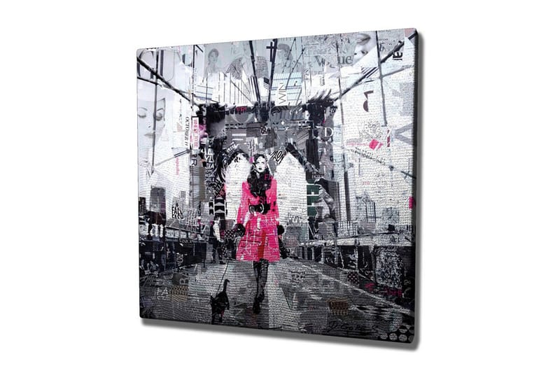 Canvastavla - Kvinna i rosa kappa som promenerar med en katt på en bro - Rosa / Svart / Grå - Inredning - Tavlor & posters - Canvastavla
