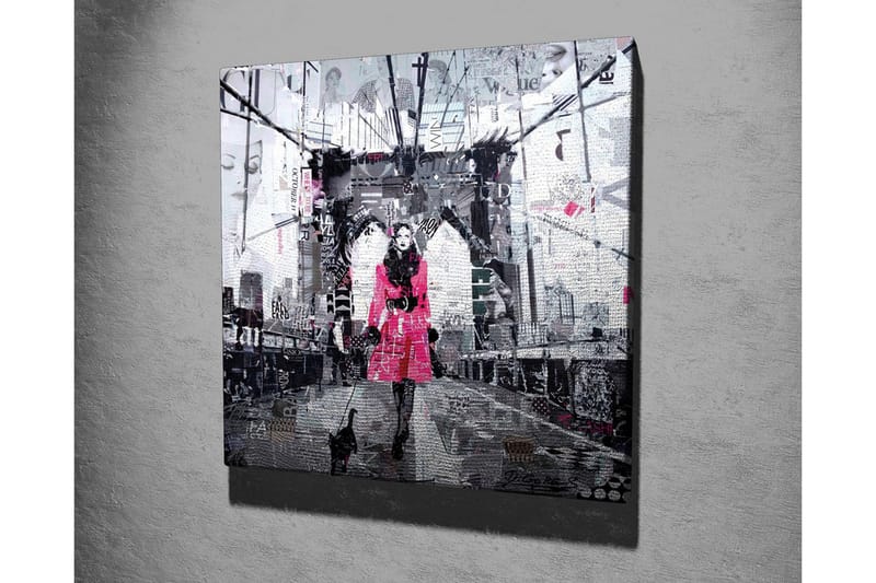 Canvastavla - Kvinna i rosa kappa som promenerar med en katt på en bro - Rosa / Svart / Grå - Inredning - Tavlor & posters - Canvastavla