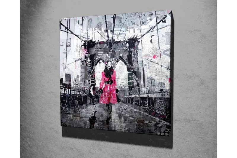 Canvastavla - Kvinna i rosa kappa som promenerar med en katt på en bro - Rosa / Svart / Grå - Inredning - Tavlor & posters - Canvastavla