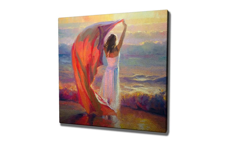 Canvastavla - Kvinna som håller upp en röd sjal vid havet - Röd / Vit / Blå - Inredning - Tavlor & posters - Canvastavla