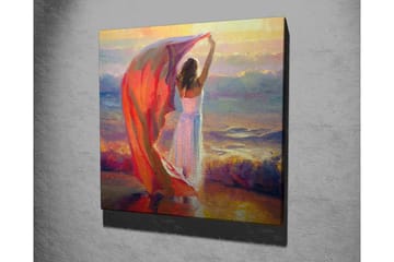 Canvastavla - Kvinna som håller upp en röd sjal vid havet - Röd / Vit / Blå - Inredning - Tavlor & posters - Canvastavla