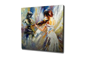 Canvastavla - Kvinna som spelar fiol med en skulptur i bakgrunden - Vit / Blå / Guld - Inredning - Tavlor & posters - Canvastavla