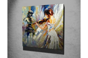Canvastavla - Kvinna som spelar fiol med en skulptur i bakgrunden - Vit / Blå / Guld - Inredning - Tavlor & posters - Canvastavla