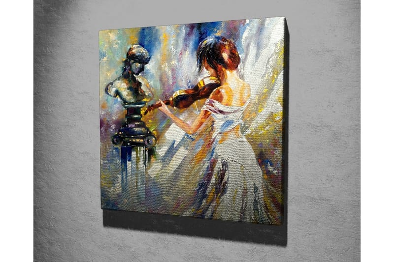 Canvastavla - Kvinna som spelar fiol med en skulptur i bakgrunden - Vit / Blå / Guld - Inredning - Tavlor & posters - Canvastavla