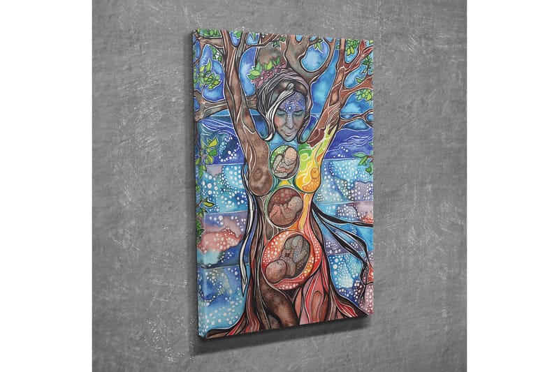 Canvastavla - Kvinnlig gestalt som förenar människa och natur genom trädets rötter och grenar - Grön / Blå / Brun - Inredning - Tavlor & posters - Canvastavla