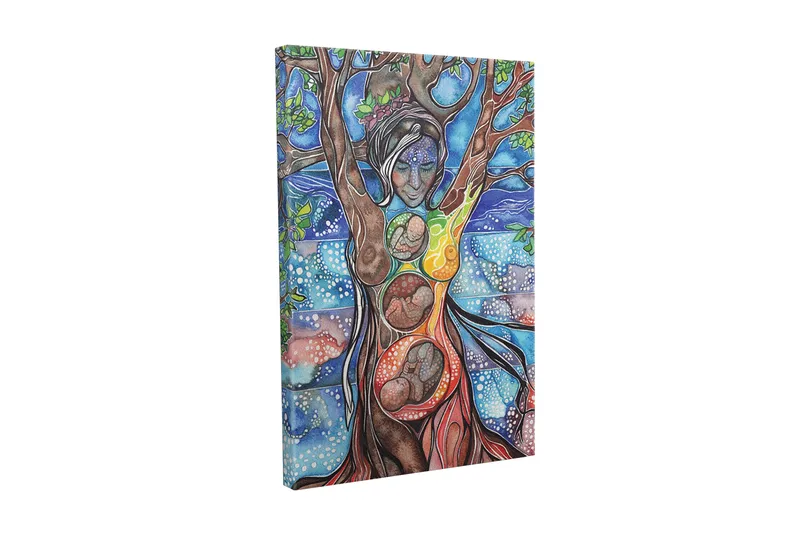 Canvastavla - Kvinnlig gestalt som förenar människa och natur genom trädets rötter och grenar, Grön / Blå / Brun