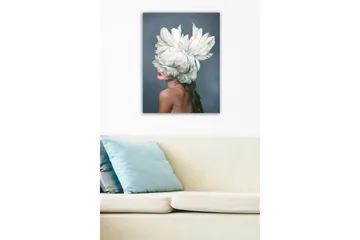 Canvastavla - Kvinnlig silhuett med en stor vit blomsterkrans som täcker ansiktet - Vit / Hudton / Röd - Inredning - Tavlor & posters - Canvastavla