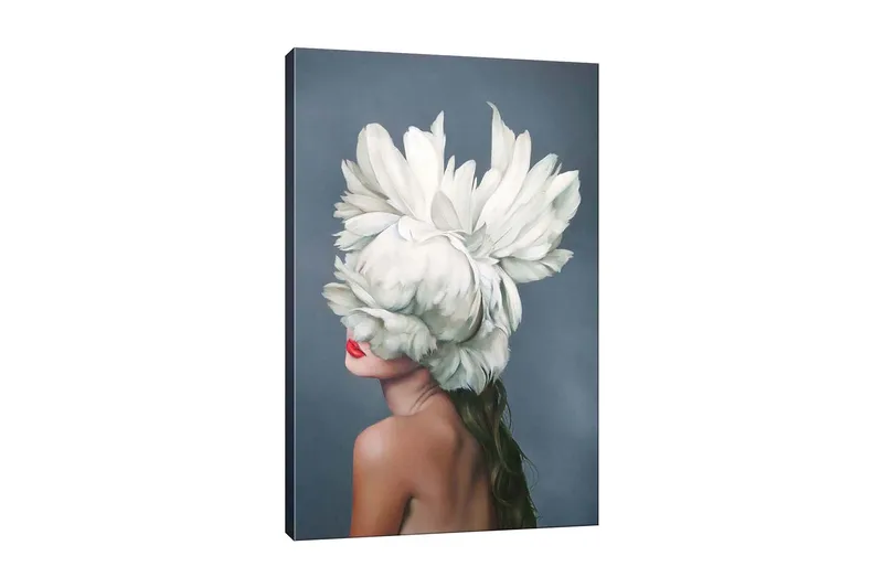 Canvastavla - Kvinnlig silhuett med en stor vit blomsterkrans som täcker ansiktet, Vit / Hudton / Röd